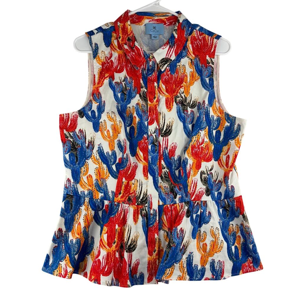 CeCe Sleeveless Button Up Blouse Women's Large Cactus Peplum Blue Orange Red